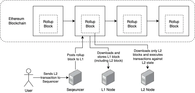 Rollup architecture showing a user sending an L2 transaction to a sequencer that posts rollup blocks to Ethereum L1, consumed by L1 and L2 nodes