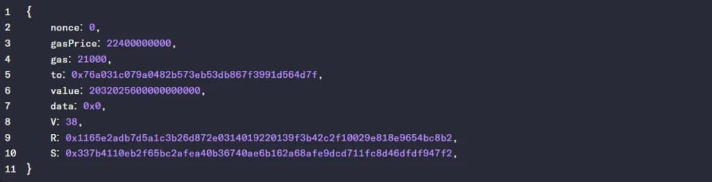 Code snippet showing the fields of an Ethereum transaction including nonce, gasPrice, gas, to, value, data, and signature components