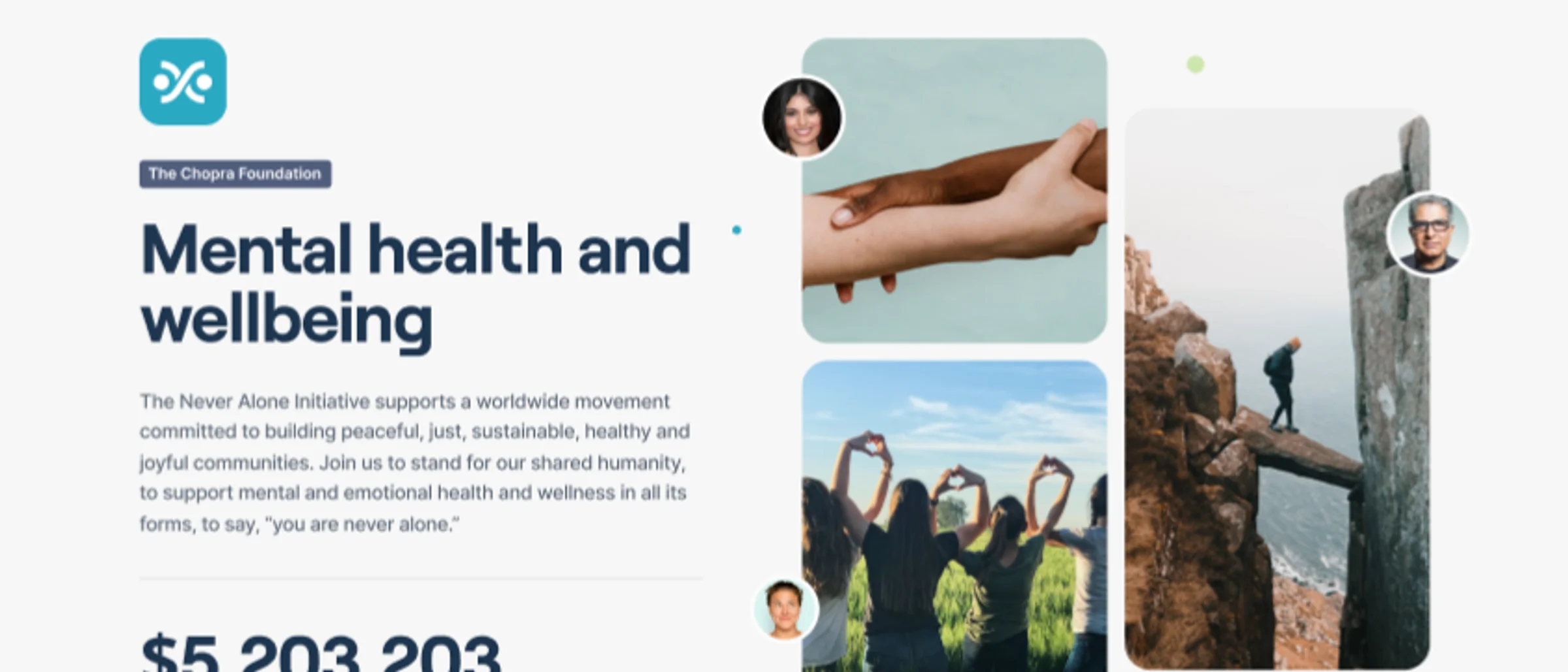 EarthFund philanthropy DAO landing highlighting The Chopra Foundation mental health campaign