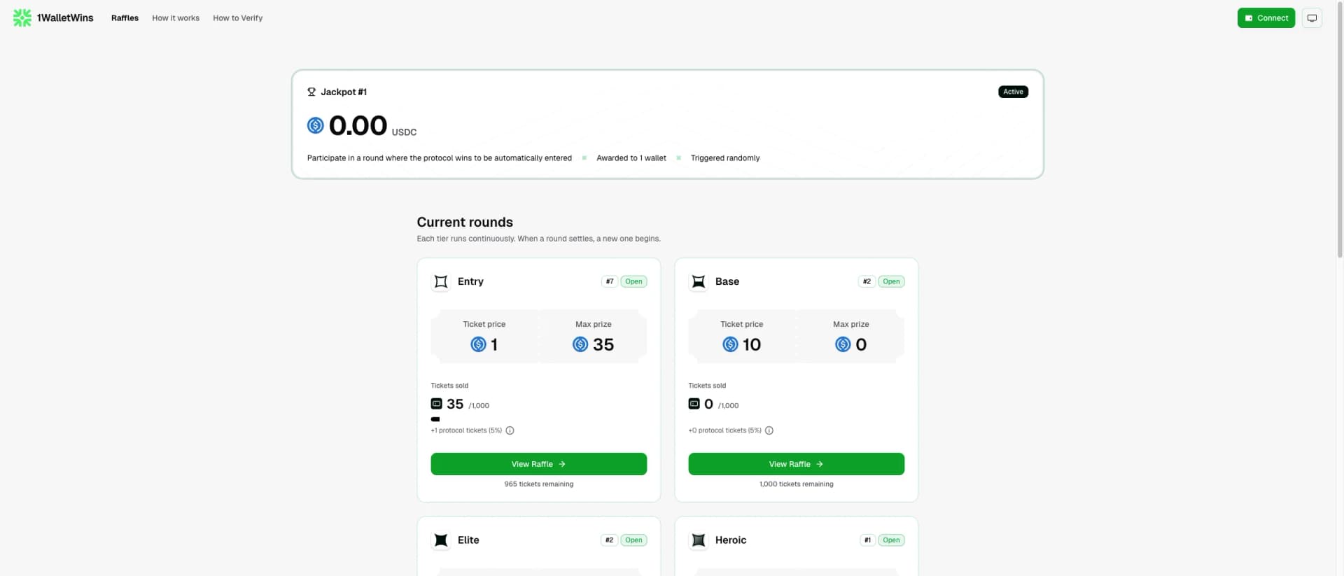 1WalletWins onchain raffle platform interface