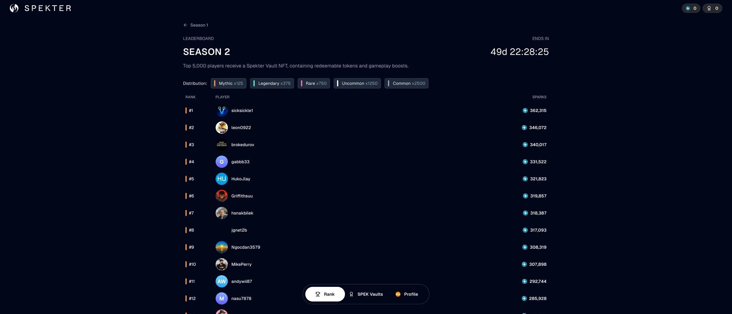 Spekter Games Telegram leaderboard interface